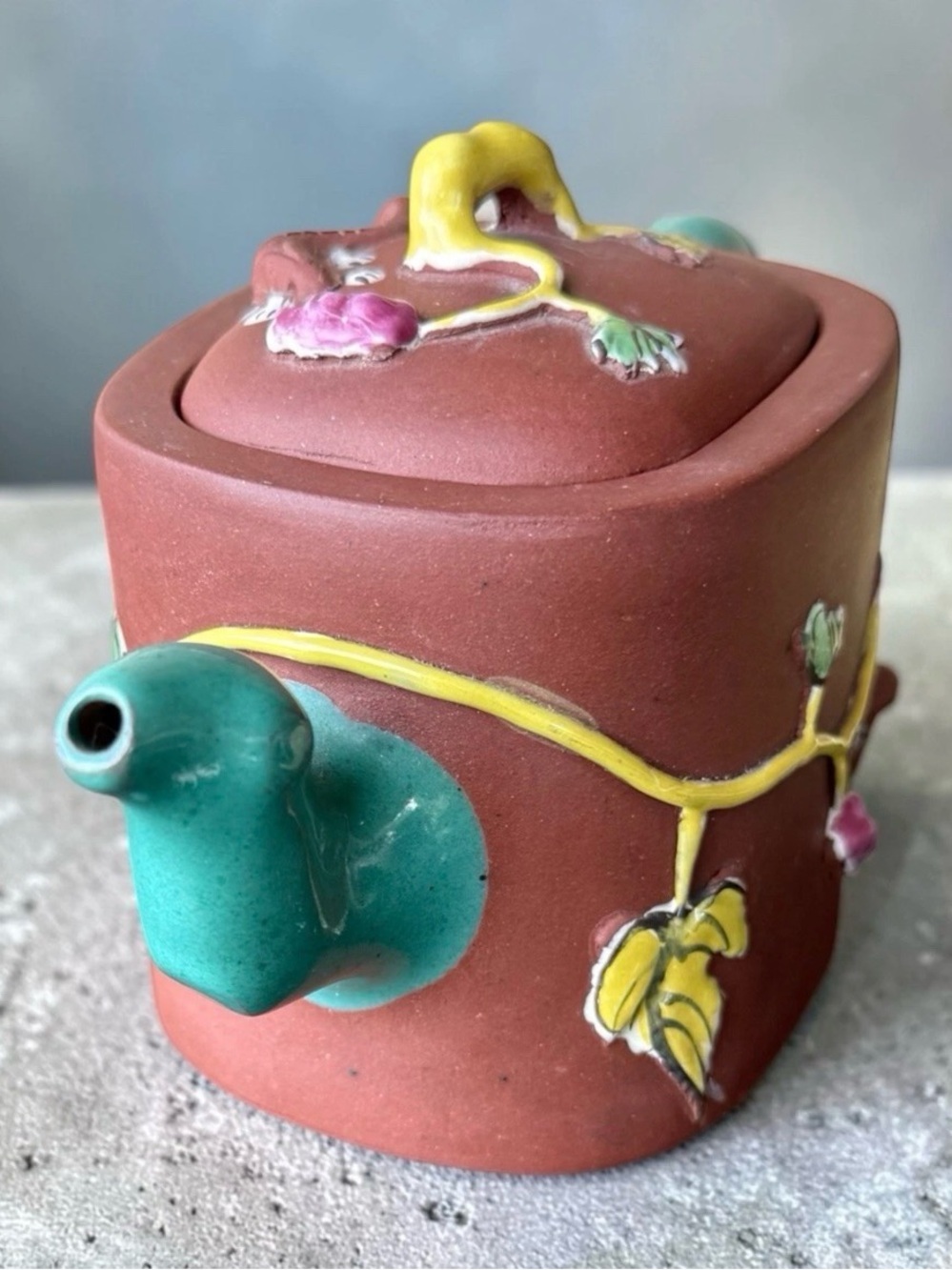 Old Chinese YIXING Clay Teapot w/ Teal Enameled Tree Trunk Spout & Handle (6.5")